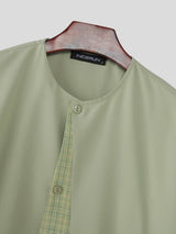 Men's Plaid Detail Collarless Short Sleeve Shirt SKUL54067