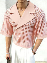 Men's Avant-Garde Sheer Mesh Notched Lapel Cropped Short Sleeve Shirt SKUL55513