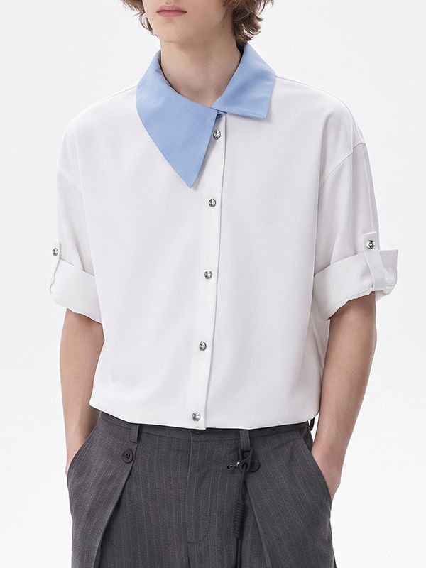 Men's Avant-Garde Asymmetrical Contrast Collar Diagonal Placket Roll-Up Sleeve Shirt SKUL76404