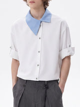 Men's Avant-Garde Asymmetrical Contrast Collar Diagonal Placket Roll-Up Sleeve Shirt SKUL76404