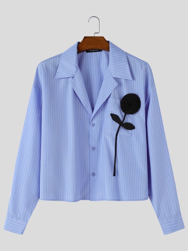Men's Romantic Avant-Garde 3D Rose Appliqué Deep V-Neck Cropped Pinstripe Shirt SKUL79631