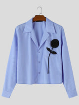 Men's Romantic Avant-Garde 3D Rose Appliqué Deep V-Neck Cropped Pinstripe Shirt SKUL79631