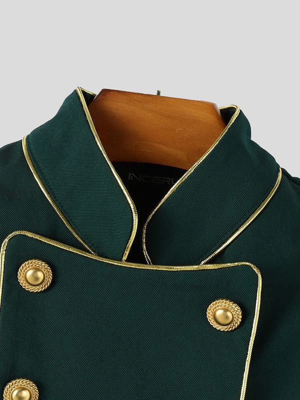 Men's Royal Vintage Stage Performance Double-Breasted Gold Piping Slit Cape Jacket SKUL81173