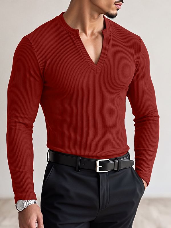 Men's Smart-Casual Ribbed Knit Deep Notch V-Neck Long Sleeve Shirt SKUL80470