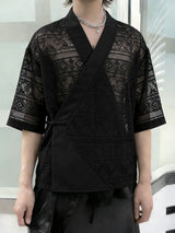 Men's Avant-Garde Geometric Hollow-Out Lace New Chinese Style Wrap Cardigan SKUL55355