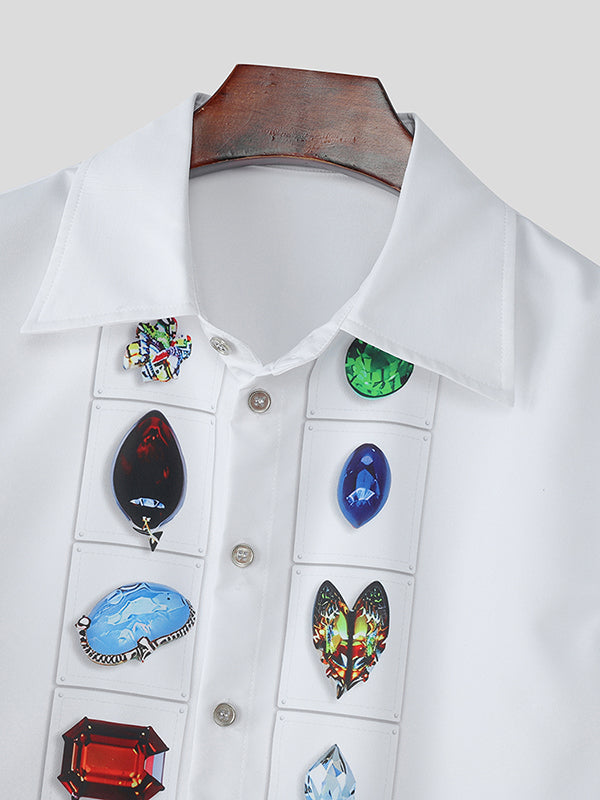 Mens Diamond Print Patchwork Cropped Short-Sleeve Shirt SKUL13692