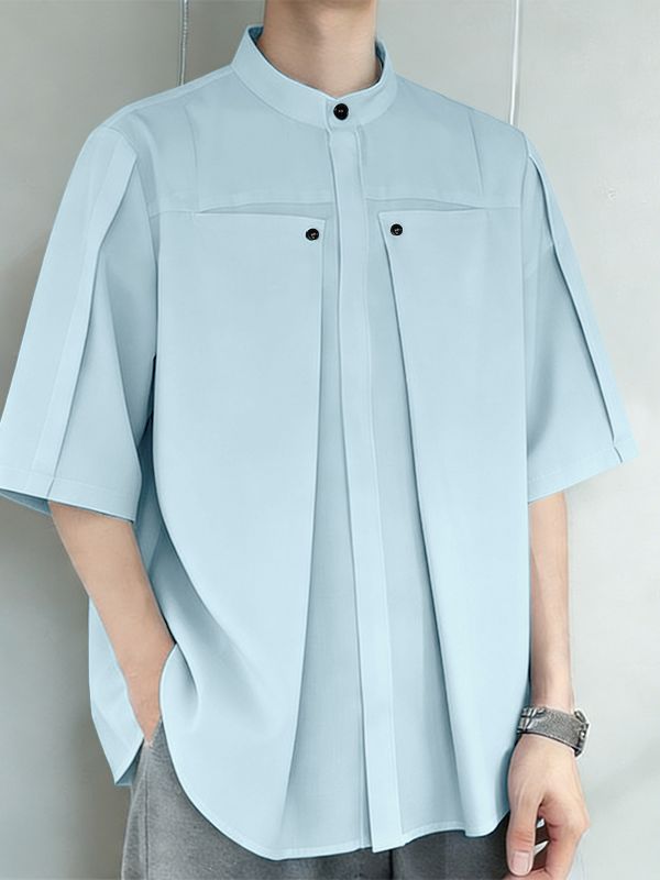 Men's Architectural Pleated Panel Stand-Collar Boxy Shirt SKUL61856
