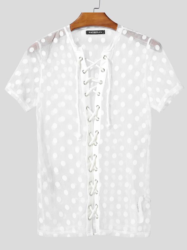 Men's Polka Dot Sheer Drawstring Tie Short Sleeve T-shirt SKUL57646