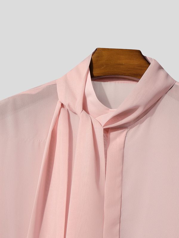 Men's Avant-Garde New Romanticism Sheer Organza Long Pussy-Bow Shirt SKUL68398