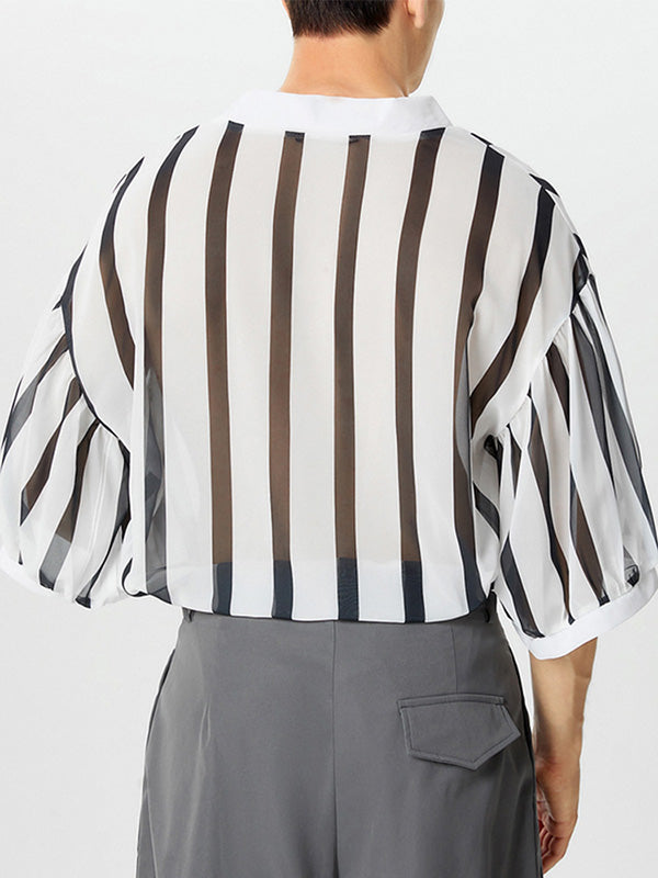 Mens Striped V-Neck Chiffon Half Sleeve Shirt SKUK47000