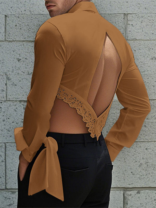 Mens Lace Patchwork Hollow-Out Long Sleeve Shirt SKUK96878