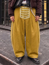 Men's Retro Avant-Garde Military Gold Frogging Embroidery Side Stripe Floor Length Wide Leg Pant SKUL76590