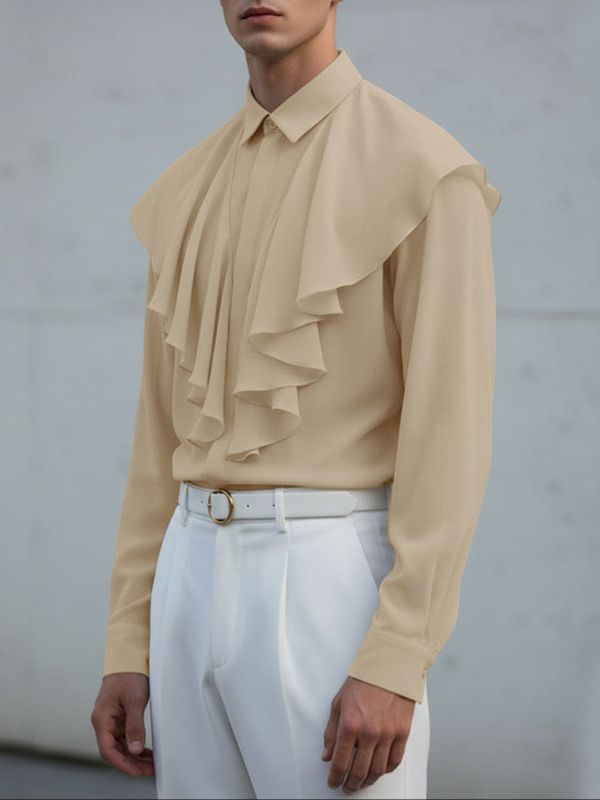 Men's Solid Color Ruffle Patchwork Long Sleeve Shirt SKUL43639