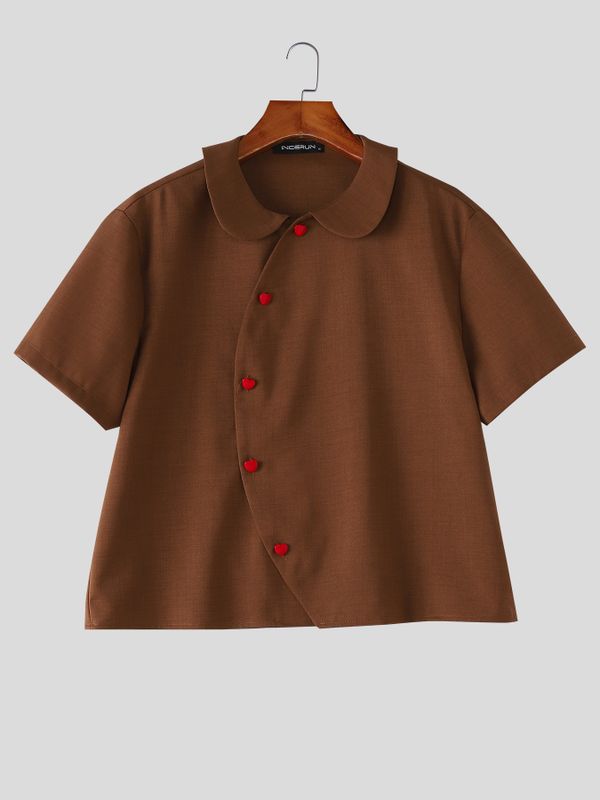 Men's Asymmetrical Slanted Placket Heart-Button Round Collar Shirt SKUL59567