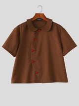 Men's Asymmetrical Slanted Placket Heart-Button Round Collar Shirt SKUL59567