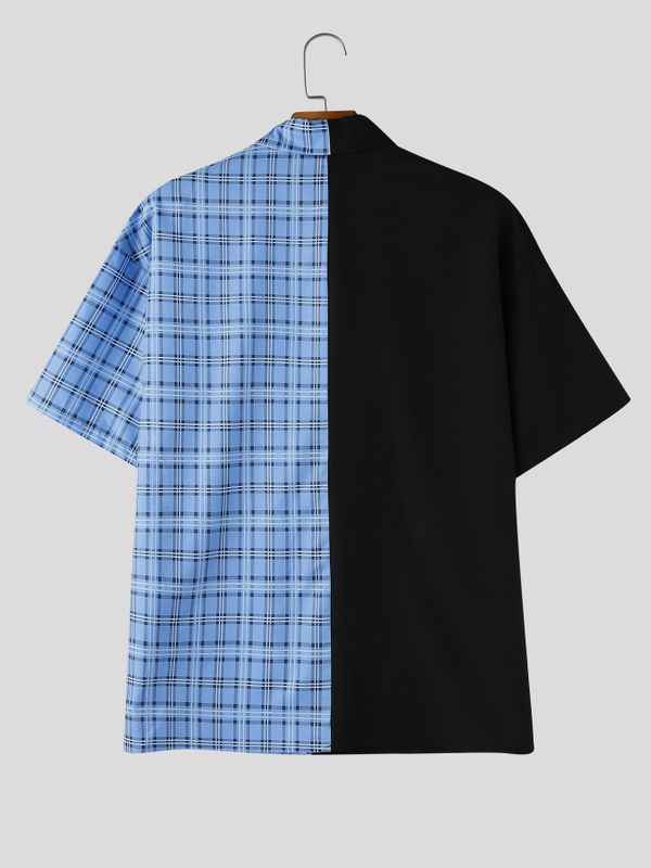 Men's Japanese Harajuku Streetwear Contrast Plaid Color-Block Heart Graphic Short Sleeve Shirt SKUL68889