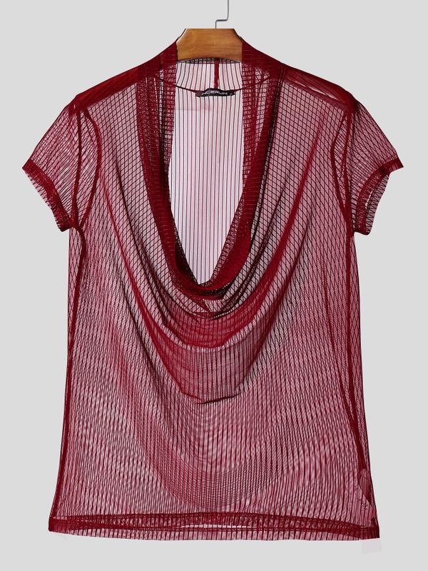 Men's Avant-Garde Sheer Deep Draped Cowl Neck Slim Fit T-shirt SKUL54626