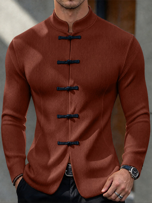 [Pre-order] Men's Neo-Chinese Chic Evening Date Contrast Frog Button Ribbed Long Sleeve T-shirt SKUL88537
