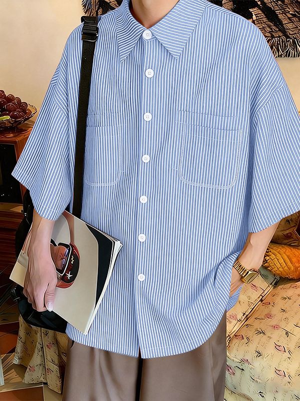 Men's City Boy Oversized Pinstripe Half Sleeve Shirt SKUL59597