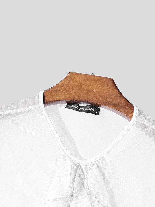 Mens Ruffle Patchwork Sheer Long-Sleeve T-Shirt SKUK96655