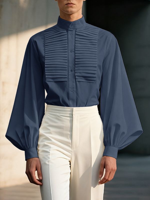 Men's Solid Color Pleated Long Sleeve Shirt SKUL48014