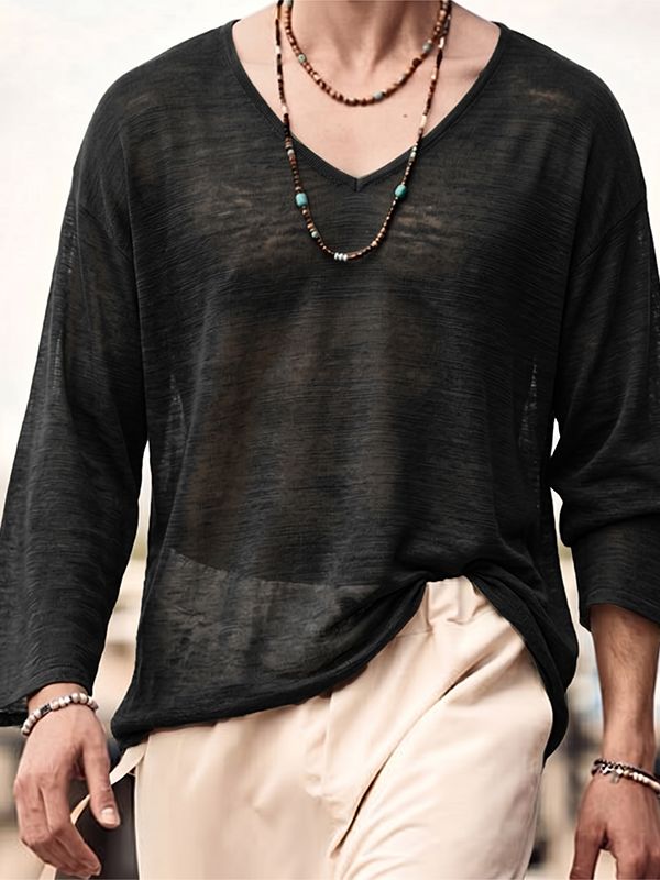Men's Beach Resort Sheer Lightweight Deep V-Neck Long Sleeve T-shirt SKUL72650