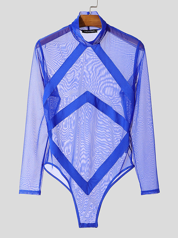 Mens Sheer Patchwork Strap Long-Sleeve Bodysuit SKUK85599