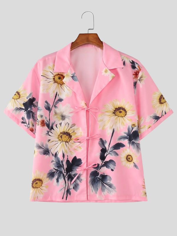 Men's Summer Hawaiian Sunflower Print Cuban Collar Open Front Tie Knot Short Sleeve Shirt SKUL58684