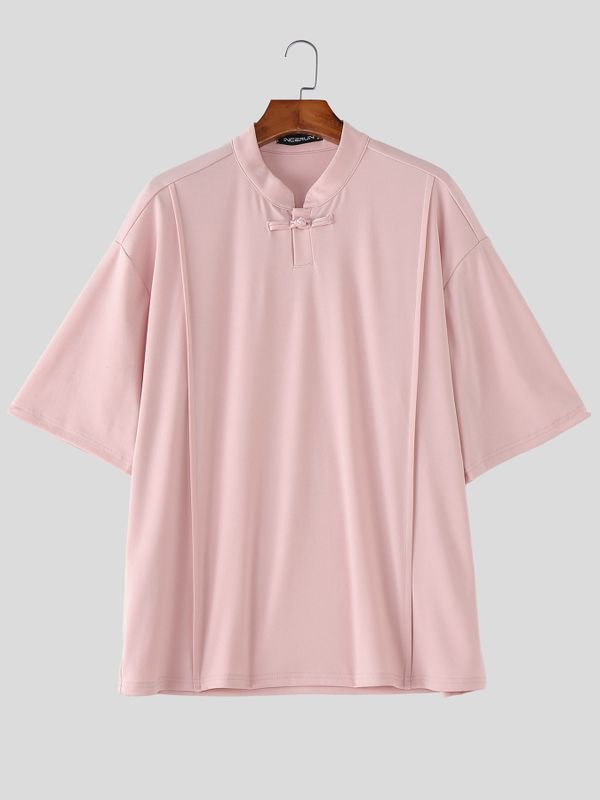 Men's Minimalist Casual Frog Button Stand Collar Short Sleeve Shirt SKUL62087