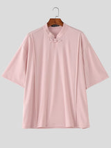 Men's Minimalist Casual Frog Button Stand Collar Short Sleeve Shirt SKUL62087