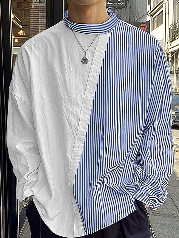 Mens Striped Patchwork Long-Sleeve Shirt SKUK86700