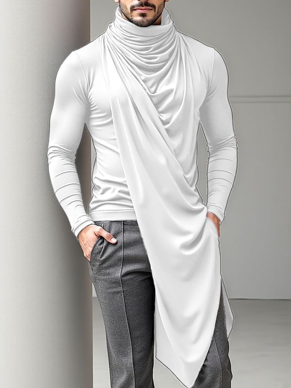Men's Deconstructed Pleated Stacked Collar Long Sleeve T-Shirt SKUL32848