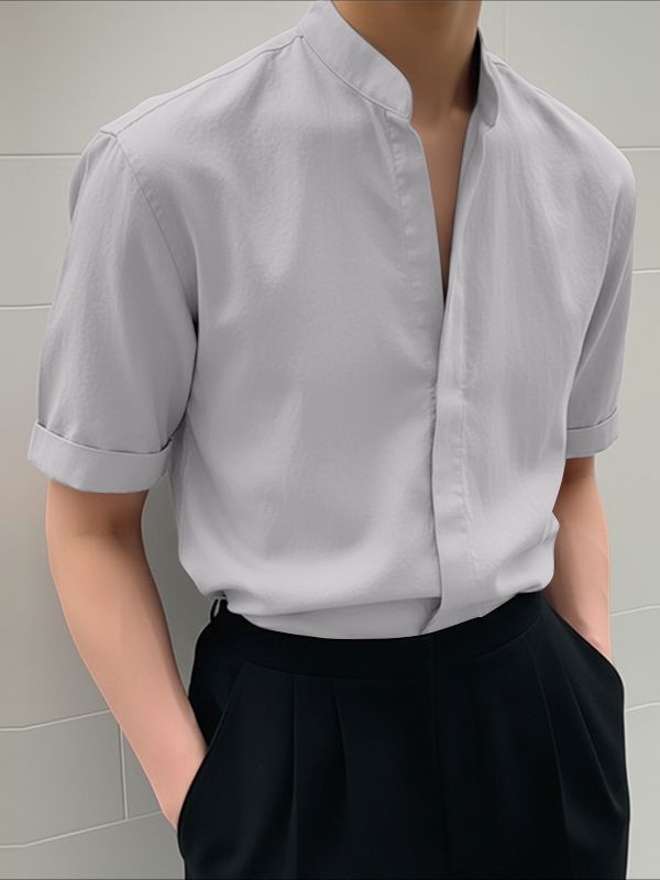 Men's Solid Color Stand Collar Short Sleeve Shirt SKUL49916
