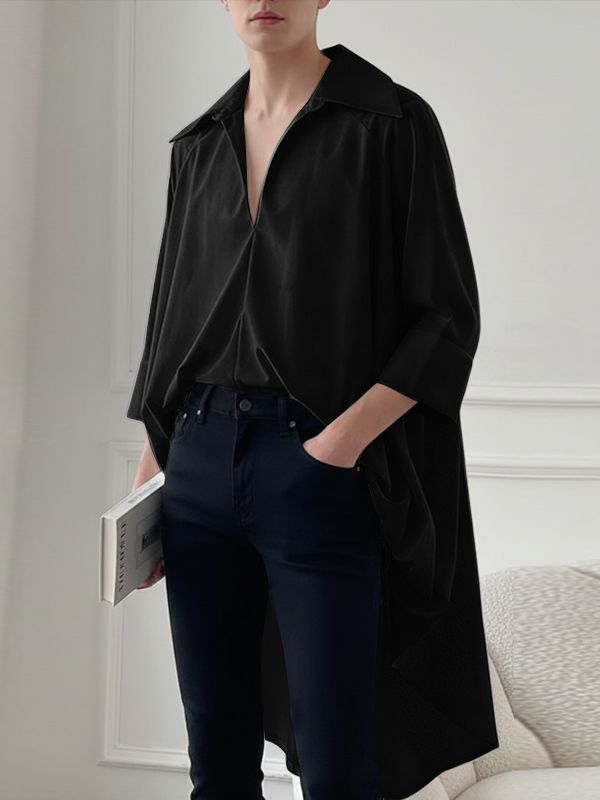 Men's Solid Color Long Hem Deep V Neck Long Sleeve Shirt SKUL50053