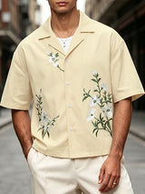Men's Vintage Botanical Floral Embroidered Cuban Collar Relaxed Fit Short Sleeve Shirt SKUL72584