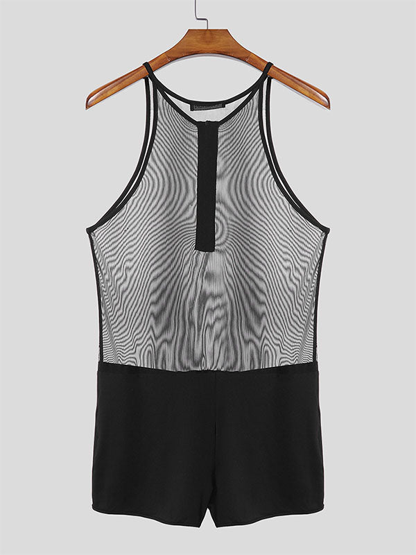 Men's Sheer Mesh Half Zip Sleeveless Bodysuit SKUL18667