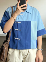 Men's Modern Chinese Turn-Down Collar Frog Button Color-Block Cropped Short Sleeve Shirt SKUL62114
