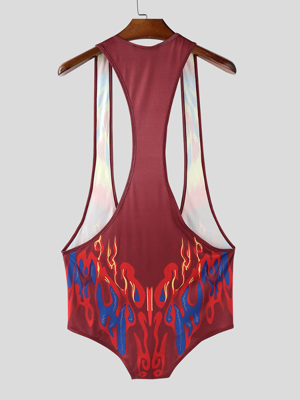 Men's Flame Print Hollow Out Bodysuit SKUL22219