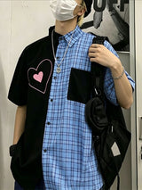 Men's Japanese Harajuku Streetwear Contrast Plaid Color-Block Heart Graphic Short Sleeve Shirt SKUL68889