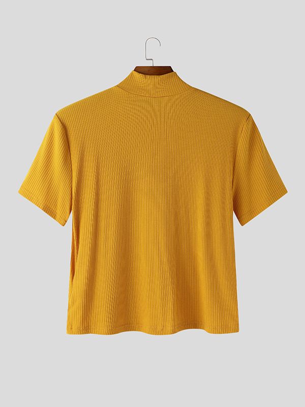 Men's Ribbed Slim Fit Mock Neck Cut Out Button Up Cropped T-shirt SKUL56542