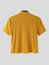 Men's Ribbed Slim Fit Mock Neck Cut Out Button Up Cropped T-shirt SKUL56542