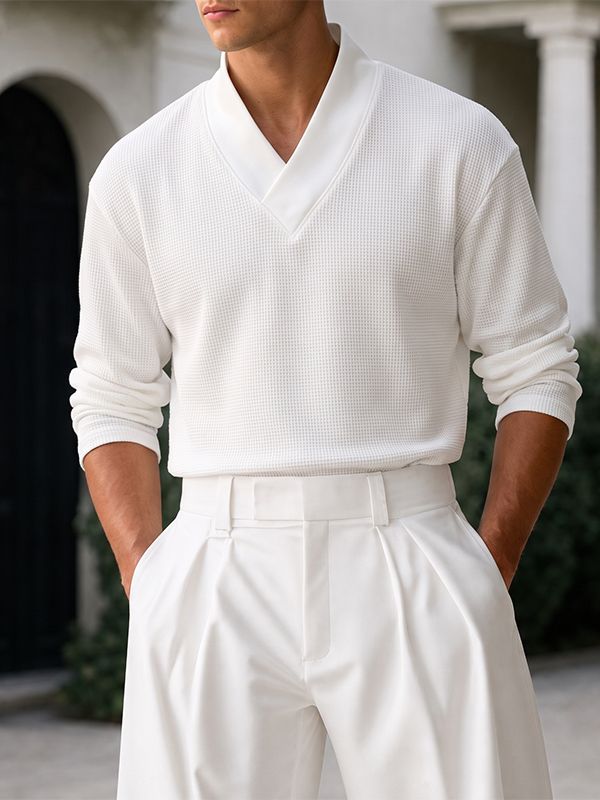 Men's Clean Fit Quiet Luxury Overlap Cross V-Neck Textured Waffle Knit Long Sleeve V-Neck Sweater SKUL82442