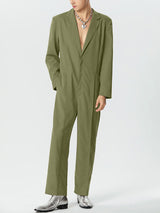 Mens Solid Lapel Casual Long Sleeve Jumpsuit SKUK31957