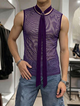 Men's Avant-Garde Hardware Ring Choker Tie Sheer Mesh Tank SKUL71426