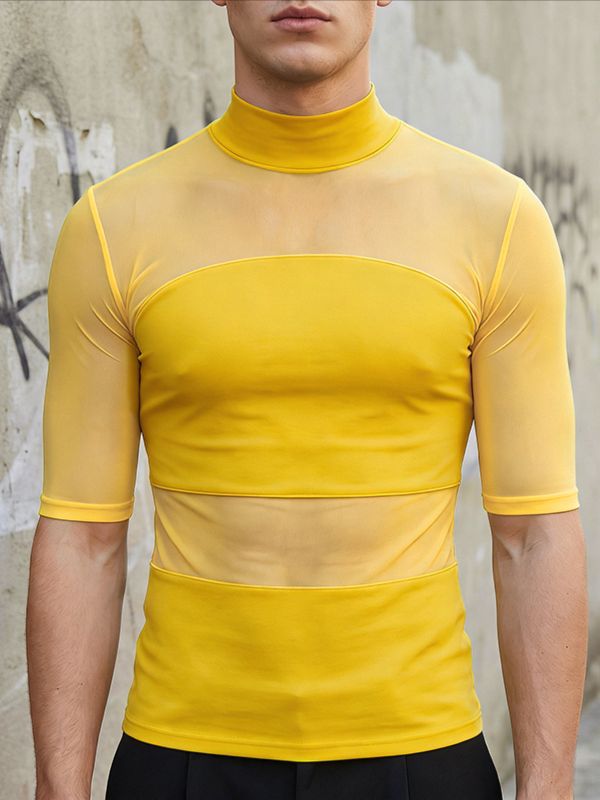 Men's Avant-Garde Sheer Mesh Paneled Mock Neck T-shirt SKUL63115