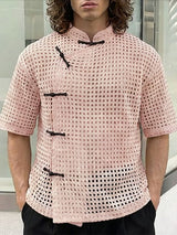 Men's Asymmetric Frog Button Hollow Out Short Sleeve Shirt SKUL56298