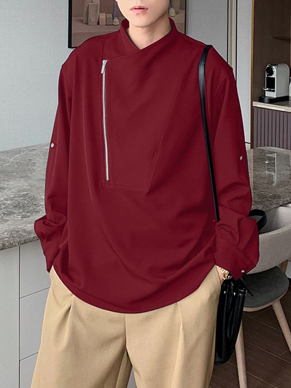 Men's Solid Color Slanted Zip Long Sleeve Shirt SKUL41387