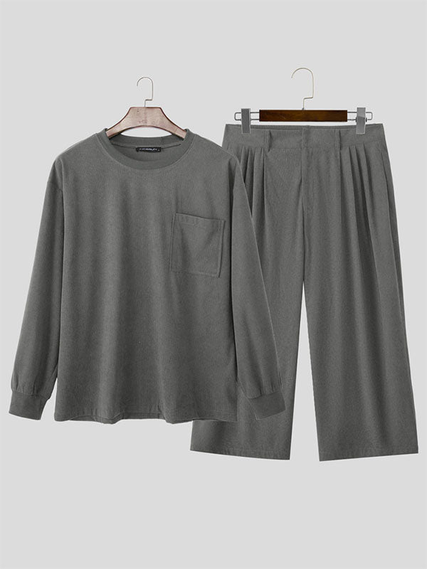 Men's Corduroy Crew Neck Casual Two Pieces Outfit SKUL27348