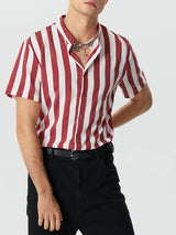 Mens Vintage Stand-up collar Short Sleeve Striped Shirts SKUG77758