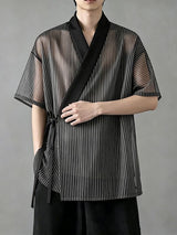 Men's Avant-Garde Sheer Organza Stripe Cross Wrap Tie Side V-Neck Cardigan SKUL62036